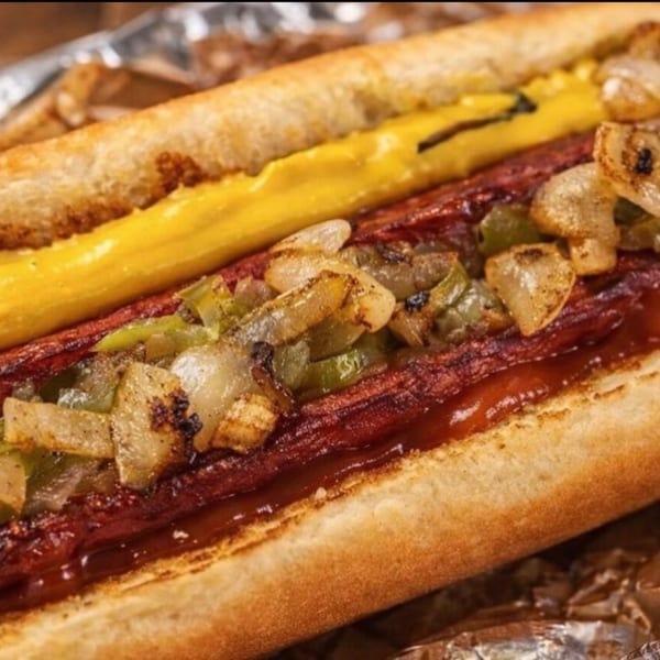 A DMac & Wings hot dog with mustard, ketchup, grilled onions, and green peppers.