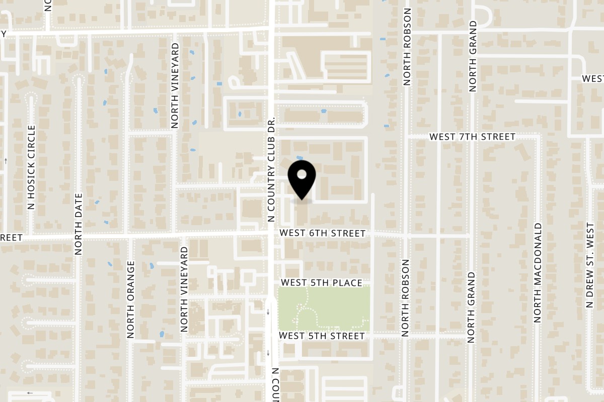 Map showing the location of DMac & Wings on 635 N Country Club Dr in Mesa